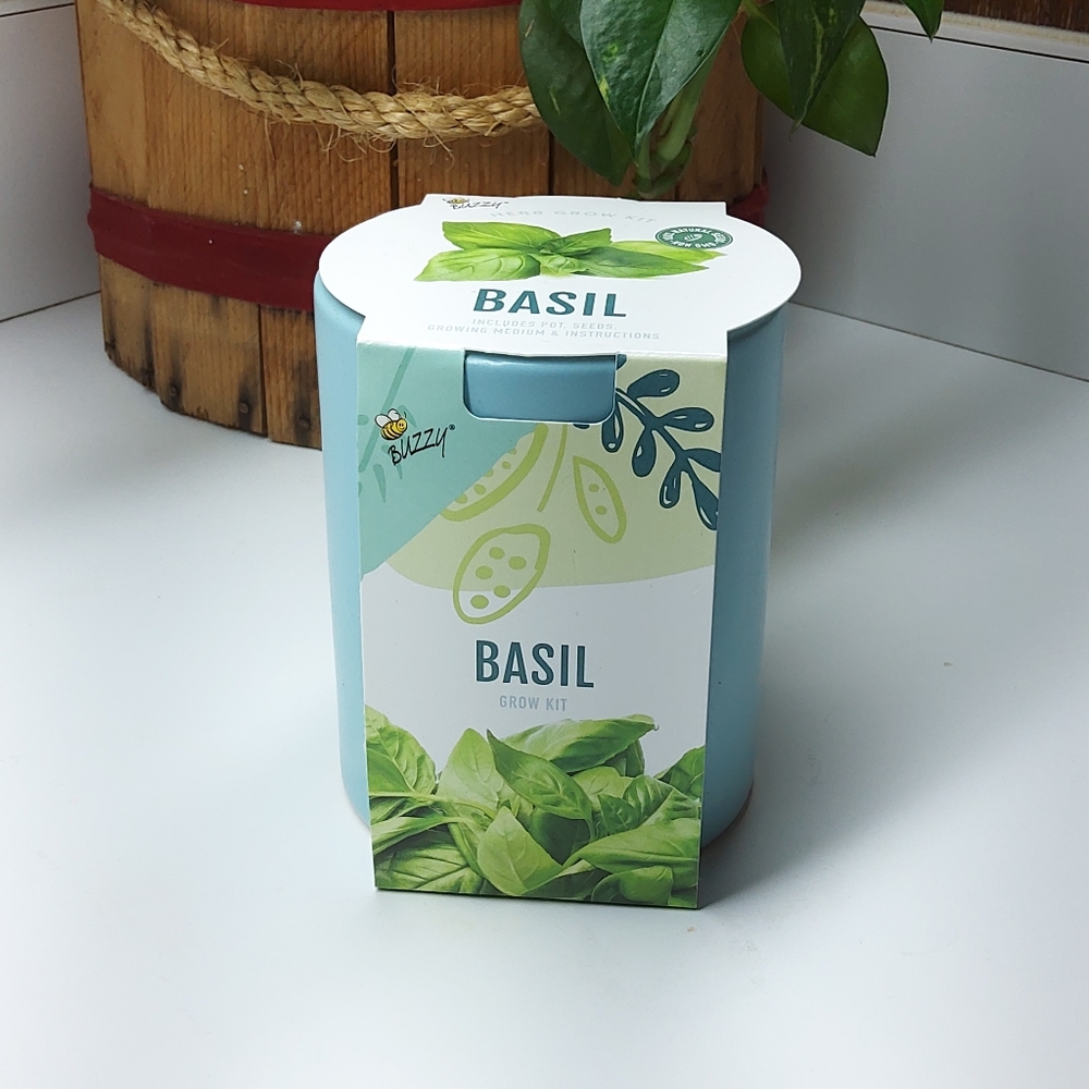 Buzzy Brand Basil Complete Grow Kit Ceramic Pot Seeds Growing Medium Instruction
